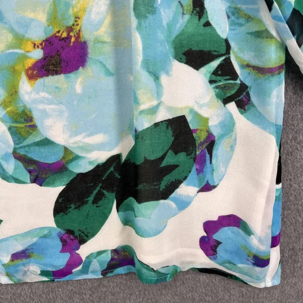 Calvin Klein Blouse Womens Medium Blue Floral Split Neck Chain Tassel Sheer‎ - Picture 6 of 16